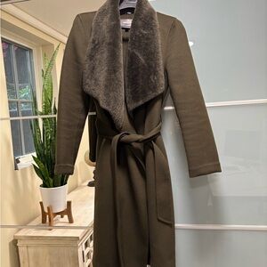 Mackage Sybil Wool Wrap Olive Green Coat with Shearling Collar